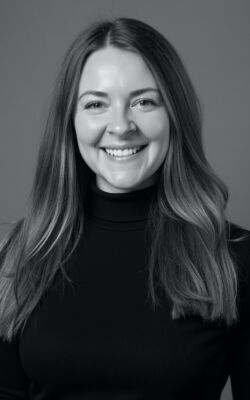 black and white portrait of Amy, President/Dean of Students